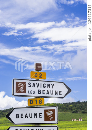 Savigny les Beaune road sign pointing to Beaune in Burgundy, France, under blue sky 126217315