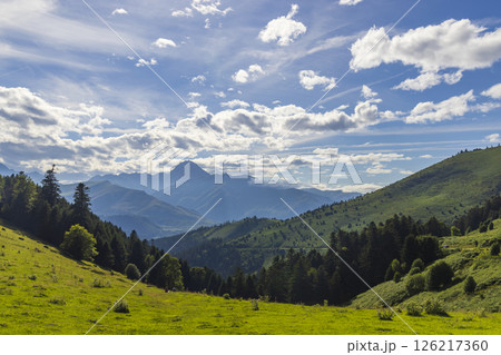 Breathtaking panorama unfolding from Col d'Aspin in the French Pyrenees 126217360