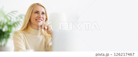 Happy Woman Thinking About Future Vacation, Working At Home Office, copy space Happy Woman Thinking About Future Vacation, Working At Home Office, copy space 126217467