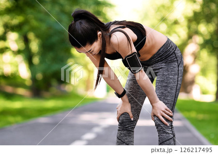Taking Breath. Exhausted Asian Jogger Girl Resting After Running On Path In Park, Free Space 126217495