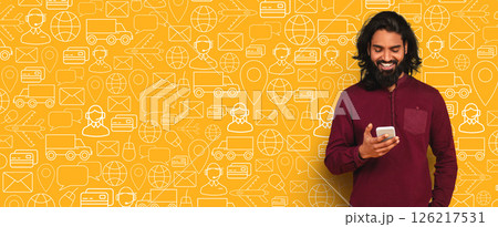 A customer smiles while browsing an online store on their smartphone. The lively background features delivery icons and commerce symbols, highlighting the shopping experience. A customer smiles while browsing an online store on their smartphone. The lively background features delivery icons and commerce symbols, highlighting the shopping experience. 126217531