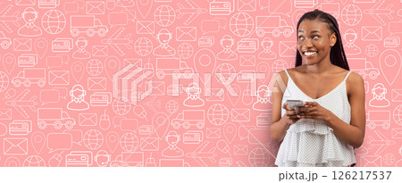 A satisfied buyer smiles while using a smartphone to shop online. The background features various icons related to e-commerce and delivery services, creating a vibrant atmosphere for commerce. A satisfied buyer smiles while using a smartphone to shop online. The background features various icons related to e-commerce and delivery services, creating a vibrant atmosphere for commerce. 126217537