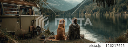 Couple enjoys peaceful camping by a serene lake...のイラスト素材 [126217623 ...
