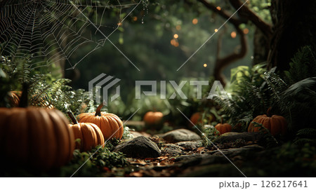 Enchanted forest filled with glowing pumpkins evoking Halloween magic Enchanted forest filled with glowing pumpkins evoking Halloween magic 126217641