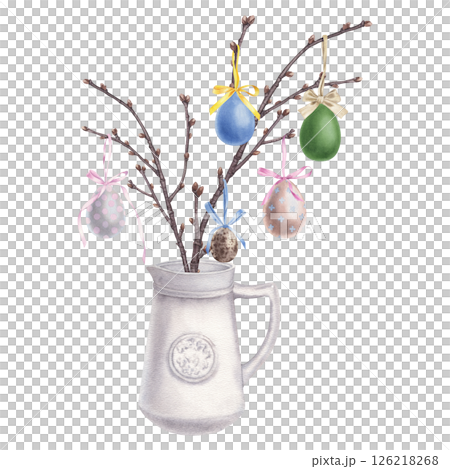 Easter bouquet of cherry branches decorated with colorful eggs in ceramic white decanter. Hand drawn watercolor illustration of clay pot for bouquet on isolated background. Happy easter concept. 126218268
