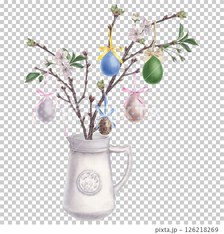 Blooming cherry branch in the vase, decorated with colorful eggs that hang on ribbons. Hand drawn watercolor illustration of ceramic white decanter clay with easter bouquet on isolated background. 126218269