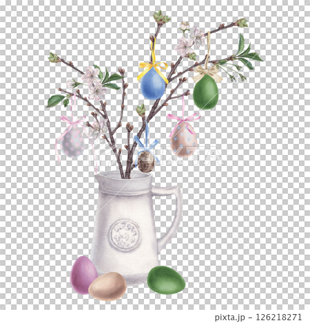 Blooming cherry branch in the vase, decorated with colorful eggs that hang on ribbons. Hand drawn watercolor illustration of ceramic white decanter clay with easter bouquet on isolated background. 126218271