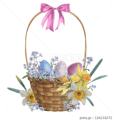 Basket filled with colored eggs, decorated with delicate forget-me-nots and sunny daffodils. Hand drawn watercolor illustration of wooden container for rustic design on isolated background. For Easter 126218272