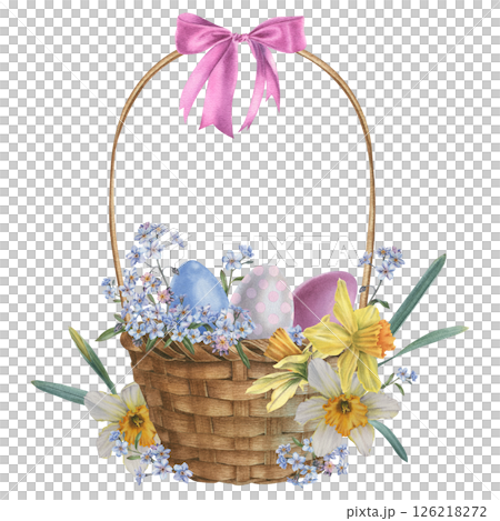 Basket filled with colored eggs, decorated with delicate forget-me-nots and sunny daffodils. Hand drawn watercolor illustration of wooden container for rustic design on isolated background. For Easter 126218272