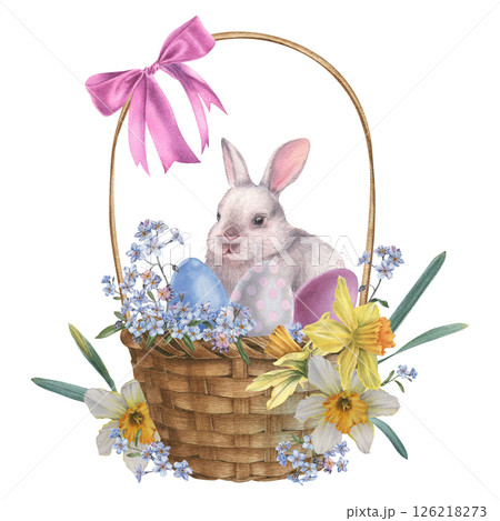 Wicker basket with handle, pink satin ribbon bow, colorful eggs and white bunny . Hand drawn watercolor illustration of wooden container for rustic design on isolated background. For Easter decor. Wicker basket with handle, pink satin ribbon bow, colorful eggs and white bunny . Hand drawn watercolor illustration of wooden container for rustic design on isolated background. For Easter decor. 126218273