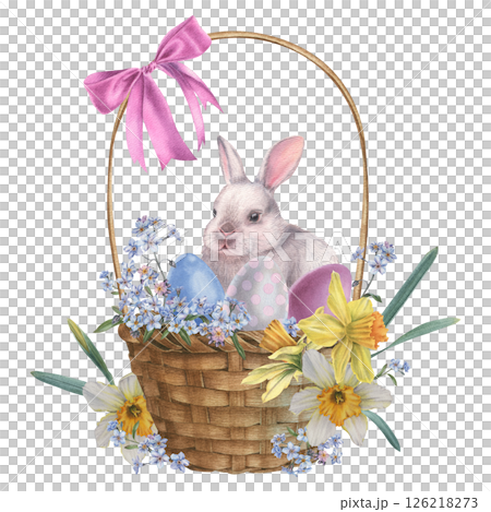 Wicker basket with handle, pink satin ribbon bow, colorful eggs and white bunny . Hand drawn watercolor illustration of wooden container for rustic design on isolated background. For Easter decor. Wicker basket with handle, pink satin ribbon bow, colorful eggs and white bunny . Hand drawn watercolor illustration of wooden container for rustic design on isolated background. For Easter decor. 126218273