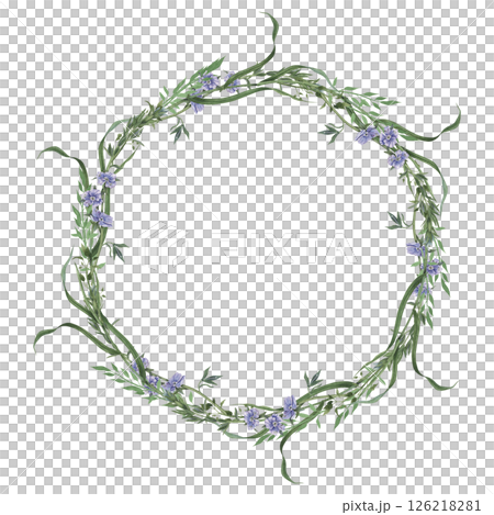 Wreath of wild herbs and flowers. Hand drawn watercolor illustration illustration of floral round frame on isolated background. Suitable for eco-branding, packaging, wedding design, botanical prints. Wreath of wild herbs and flowers. Hand drawn watercolor illustration illustration of floral round frame on isolated background. Suitable for eco-branding, packaging, wedding design, botanical prints. 126218281