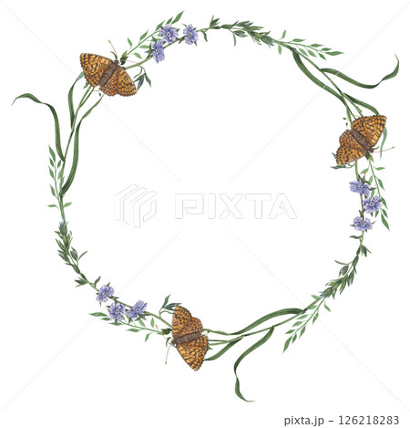 Wreath of wild herbs, tiny flowers and orange butterflies. Hand drawn watercolor illustration of floral round frame with insects on isolated background. For eco-branding, packaging, greeting cards. Wreath of wild herbs, tiny flowers and orange butterflies. Hand drawn watercolor illustration of floral round frame with insects on isolated background. For eco-branding, packaging, greeting cards. 126218283
