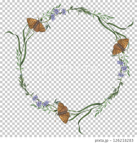 Wreath of wild herbs, tiny flowers and orange butterflies. Hand drawn watercolor illustration of floral round frame with insects on isolated background. For eco-branding, packaging, greeting cards. 126218283
