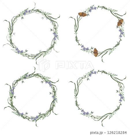 Veronica chamaedrys flowers and green grass blades. Hand drawn watercolor illustration on isolated background. Set of round wreaths perfect for wedding invitations, greeting cards, branding, packaging 126218284