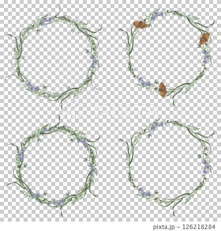 Veronica chamaedrys flowers and green grass blades. Hand drawn watercolor illustration on isolated background. Set of round wreaths perfect for wedding invitations, greeting cards, branding, packaging 126218284
