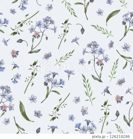 Seamless pattern with scattered randomly forget-me-not flowers. Abstract artistic wild floral print on blue isolated background. Watercolor hand drawing sketch. Design for fabric, textiles, packaging. 126218286