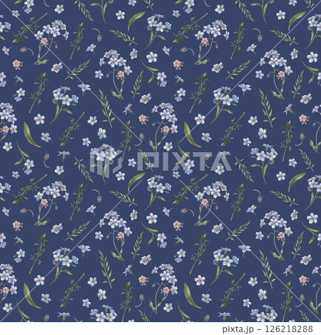 Seamless pattern with blooming forget-me-not flowers. Hand drawn watercolor illustration isolated on dark blue background. For greeting cards, wedding designs, botanical prints, textile and wallpapers 126218288