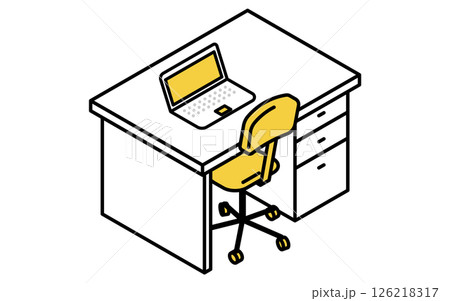 ノートパソコンだけが置かれた整理された机のシンプルでかわいいアイソメトリック線画イラスト ノートパソコンだけが置かれた整理された机のシンプルでかわいいアイソメトリック線画イラスト 126218317