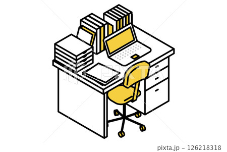 ノートパソコンと書類や資料であふれた机のシンプルでかわいいアイソメトリック線画イラスト ノートパソコンと書類や資料であふれた机のシンプルでかわいいアイソメトリック線画イラスト 126218318