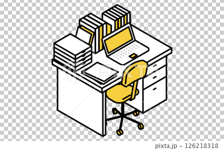 簡單可愛的等距線描插圖,描繪了一台筆記型電腦和一張堆滿文件和材料的桌子 簡單可愛的等距線描插圖,描繪了一台筆記型電腦和一張堆滿文件和材料的桌子 126218318