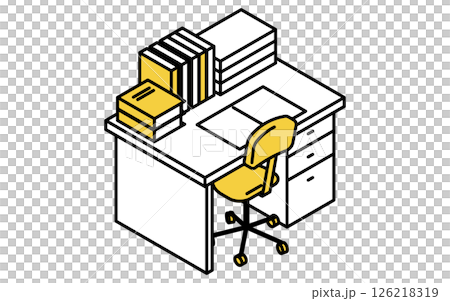 A simple and cute isometric line drawing illustration of a study desk with books lined up 126218319