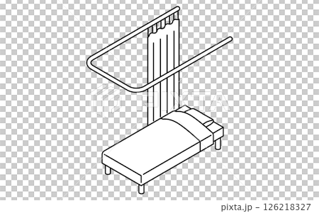 カーテンが開いてる病室や保健室のベッドのシンプルでかわいいアイソメトリック線画イラスト 126218327