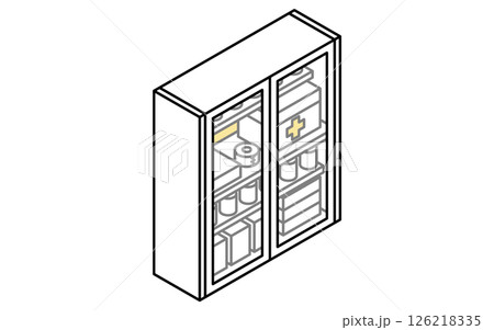 医務室や保健室にある救急箱のある棚のシンプルでかわいいアイソメトリック線画イラスト 医務室や保健室にある救急箱のある棚のシンプルでかわいいアイソメトリック線画イラスト 126218335
