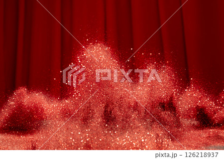 Abstract red glittering image evoked feelings of joy celebration. Background of red Sand powder glitter shimmered with golden sparkle, creating sparkling bokeh element wallpaper 126218937