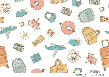 Seamless pattern of items for leisure and travel. Hand drawn airplane, suitcase, backpack, tickets, passport. Vector illustration on white background Seamless pattern of items for leisure and travel. Hand drawn airplane, suitcase, backpack, tickets, passport. Vector illustration on white background 126219010