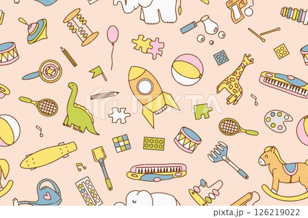Seamless pattern with bright colorful children's toys in doodle style. Design for wrapping paper, textile, children's clothing, wallpaper, packaging. Vector hand-drawn illustration 126219022