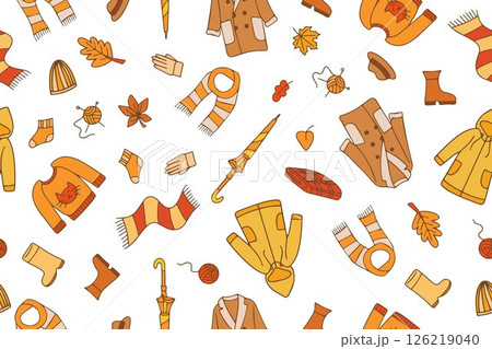 Warm autumn clothes seamless pattern. Knitted sweater, hat, scarf, socks. Cozy autumn background in doodle style Warm autumn clothes seamless pattern. Knitted sweater, hat, scarf, socks. Cozy autumn background in doodle style 126219040