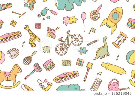 Seamless pattern with children's toys on a white background. Design for wrapping paper, textile, children's clothing, wallpaper, packaging. Vector illustration Seamless pattern with children's toys on a white background. Design for wrapping paper, textile, children's clothing, wallpaper, packaging. Vector illustration 126219043