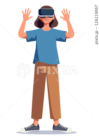 Woman Wearing VR Headset with Both Hands Raised Interactive Pose 126219067