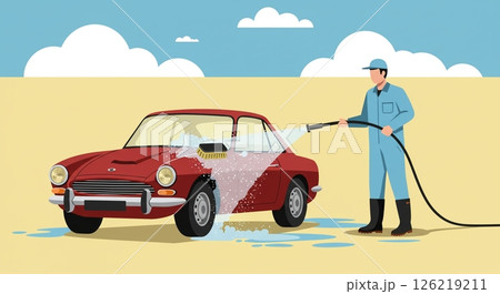 愛車をピカピカに：高圧洗車する日本人男性 126219211