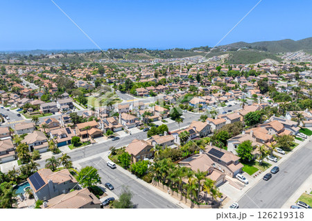 Aerial view of San Marcos neighborhood, with houses and street. South California Aerial view of San Marcos neighborhood, with houses and street. South California 126219318