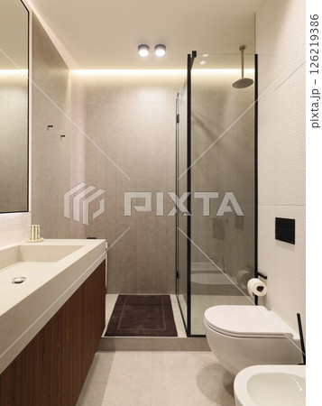 Sleek and Stylish Modern Bathroom Design Featuring a Luxurious Glass Shower Area Inside 126219386