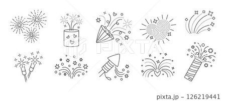 Fireworks icon set. Sparklers and firecrackers black line pictograms. Salute, sparkle signs. Vector collection for festive events, confetti and sparkles symbols Fireworks icon set. Sparklers and firecrackers black line pictograms. Salute, sparkle signs. Vector collection for festive events, confetti and sparkles symbols 126219441