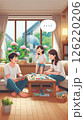 梅雨にリビングでくつろぐ家族　吹き出しあり　縦画像 126220206