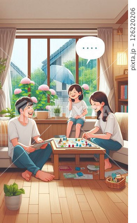 梅雨にリビングでくつろぐ家族　吹き出しあり　縦画像 126220206