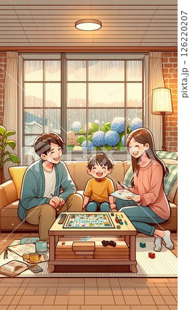 梅雨にリビングでくつろぐ家族　吹き出しなし　縦画像 126220207