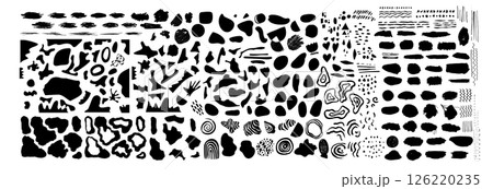 Bundle of black abstract organic shapes and blots isolate on white background. Moncohrome cutout elements for collages 126220235