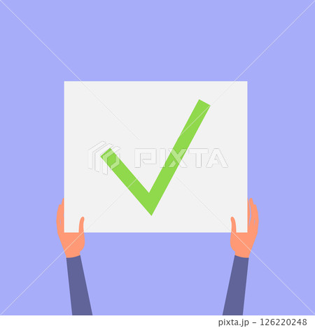 Human hand holding board with green approved sign for voting. Green confirmed mark Human hand holding board with green approved sign for voting. Green confirmed mark 126220248