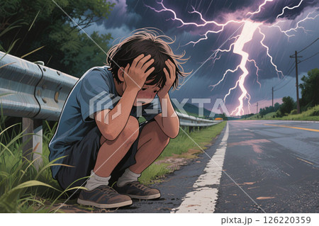 雷に怯えてしゃがみ込む男の子　AI生成 126220359