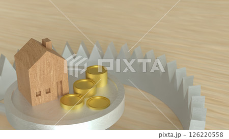 The Wood House and coins on trap for property concept 3d Rendering. 126220558
