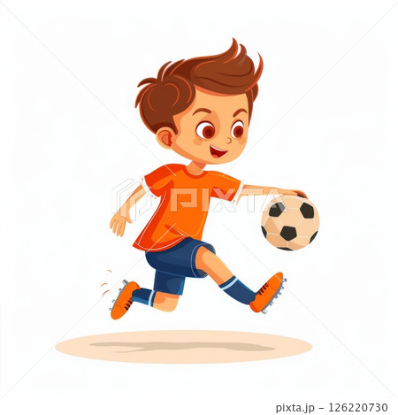 A cheerful cartoon boy playing soccer, showcasing joy and activity. 126220730