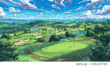青空と緑に包まれたゴルフコースの風景イラスト 126220738