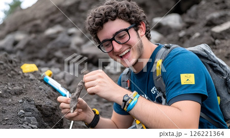 Young paleontologist excavating fossil with joy and excitement outdoors 126221364