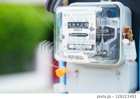 Bangkok, Thailand April 7, 2025 Electric measuring power meter for energy cost at home and office. 126221401