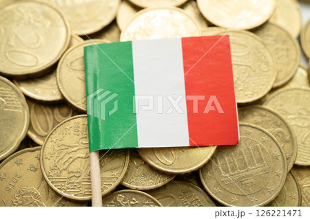 Italy flag on coin and banknote money, finance trading investment business currency concept. Italy flag on coin and banknote money, finance trading investment business currency concept. 126221471